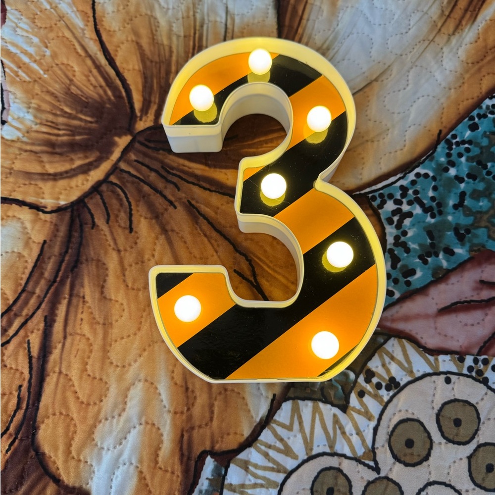 Striped LED Number 3 Light - Black and Orange